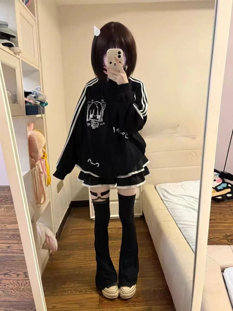 Japanese Subculture Sweet Sweatshirt Women Autumn Winter Long Sleeve Cartoon High Collar Jackets Casual Fashion Cute Outerwear