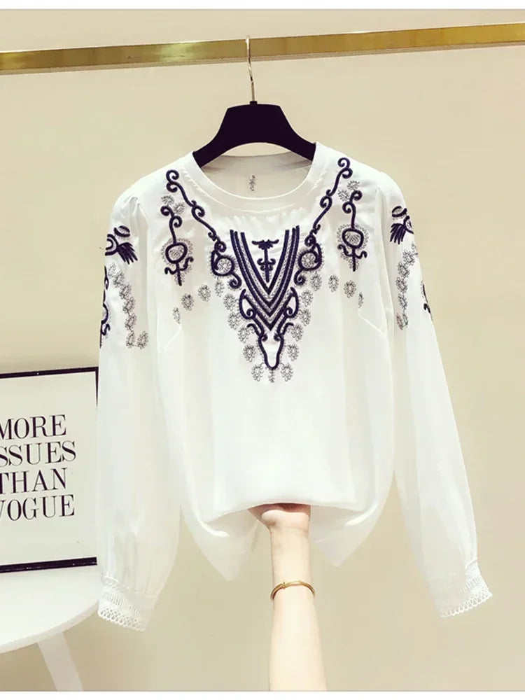 Korean Fashion Embroidery White Blouse Female Chiffon Female Long-sleeved Blusa Early Autumn New Shirt Tops KK1471