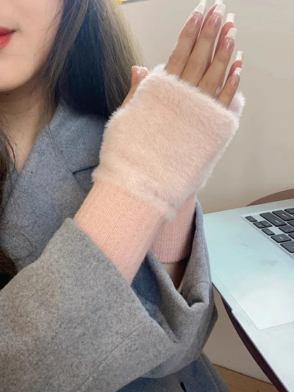 Guantes tejidos de felpa sin dedos para mujer – Calentadores de muñeca suaves