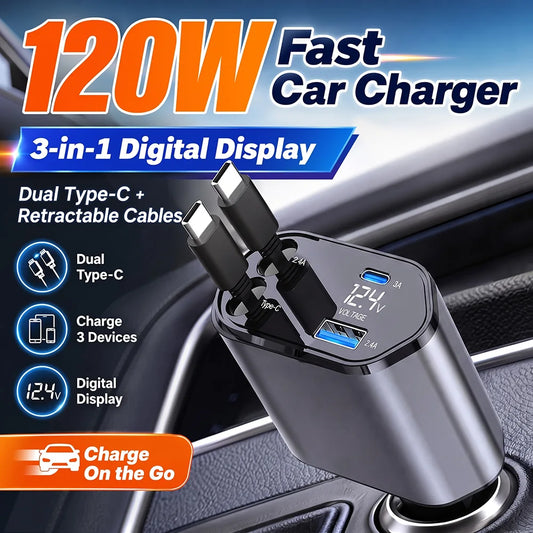 Retractable USB-C Car Charger, 30W or 120W