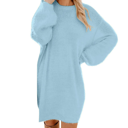 Knie-langes Damen-Strickkleid mit Rundhalsausschnitt