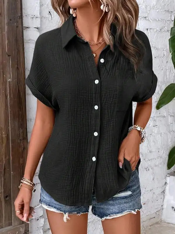 Women Casual Cotton Blouse Vintage Summer Short Sleeve Slim Shirt Elegant Turn Down Collar Solid Tunics Harajuku Streetwear Tops
