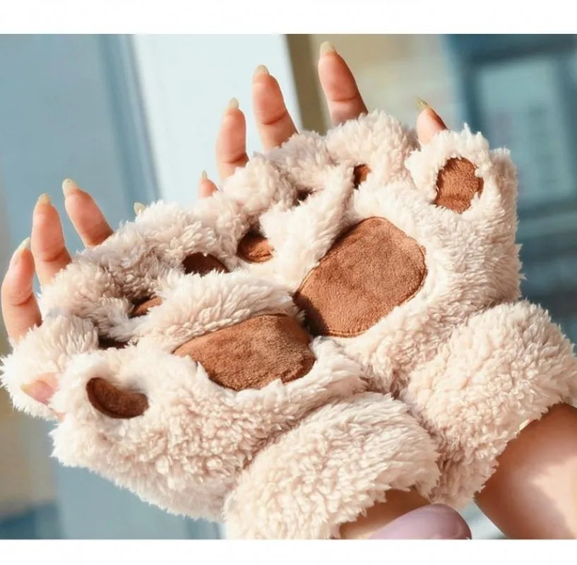 Women's Plush Cat Paw Fingerless Gloves