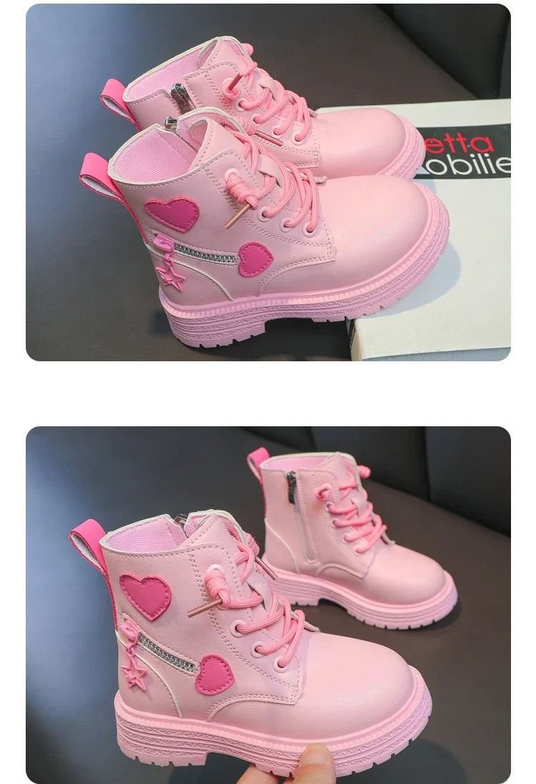Black/pink Girls Leather Boots Velvet with Anti Slip Low Cut Side Zipper Winter Outdoor Girls Fashion Single Boot