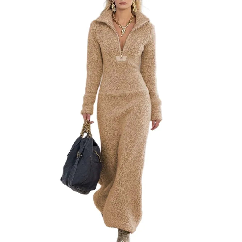 Women's V-Neck A-Line Midi Dress with Zip Detail