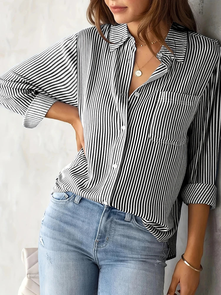 Women Long Sleeve Striped Loose Shirt Office Lady Elegant Turn Down Collar Harajuku Blouse Casual Lapel Tops Female Clothes