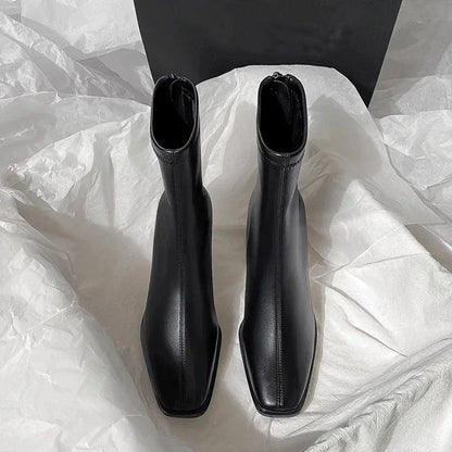 Botines de mujer con punta cuadrada, cremallera y tacón de bloque