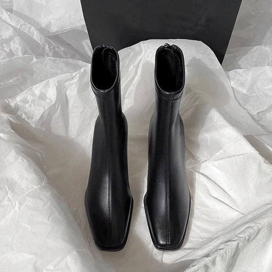 Women's Square-Toe Zip Ankle Boots with Block Heel