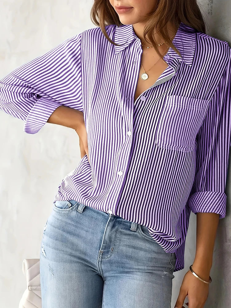 Women Long Sleeve Striped Loose Shirt Office Lady Elegant Turn Down Collar Harajuku Blouse Casual Lapel Tops Female Clothes