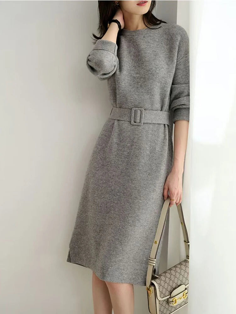 Women's Knit A-Line Midi Dress with Sash