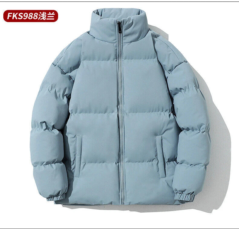 Women Men Winter Puffer Jacket, Solid Color Zip Up Stand Collar Warm Coat, Loose Casual Long Sleeve Outerwear For Daily