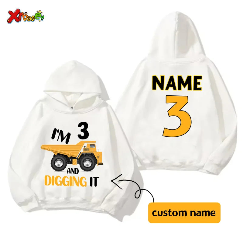 Kids' Custom Name Excavator Hoodie - Personalised Construction Birthday Sweatshirt