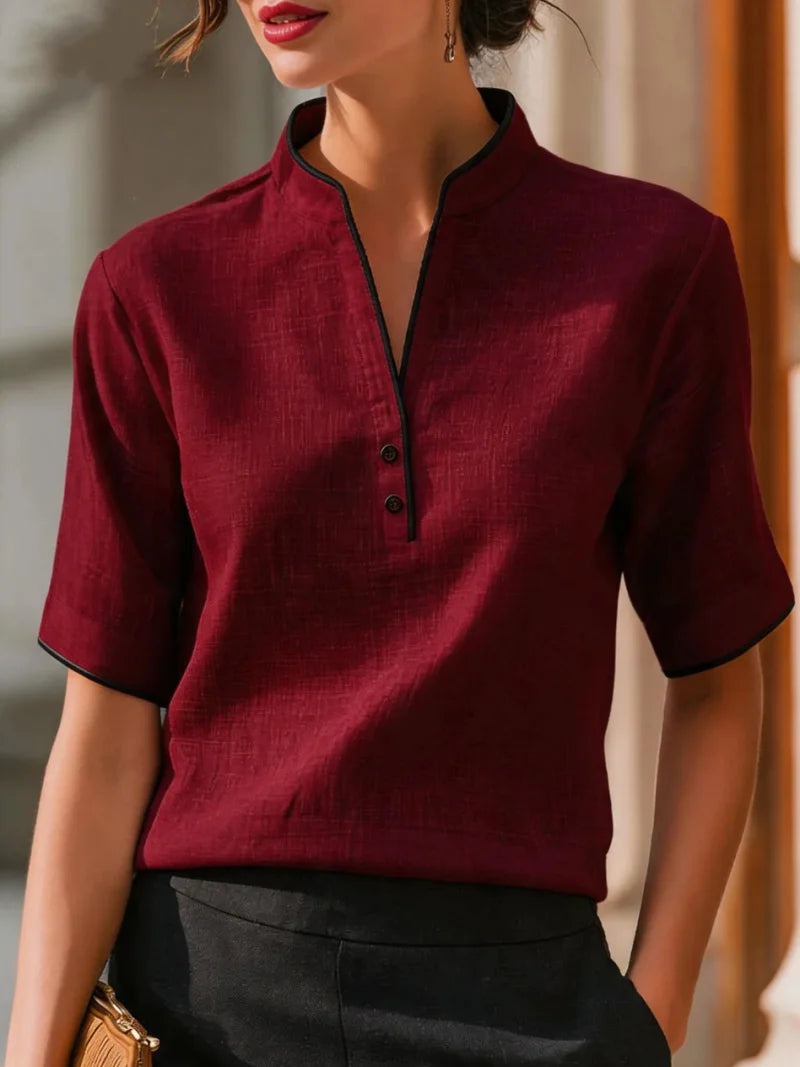 Women's V-Neck Button Detail Contrast Trim Blouse – Short Sleeve Casual Top
