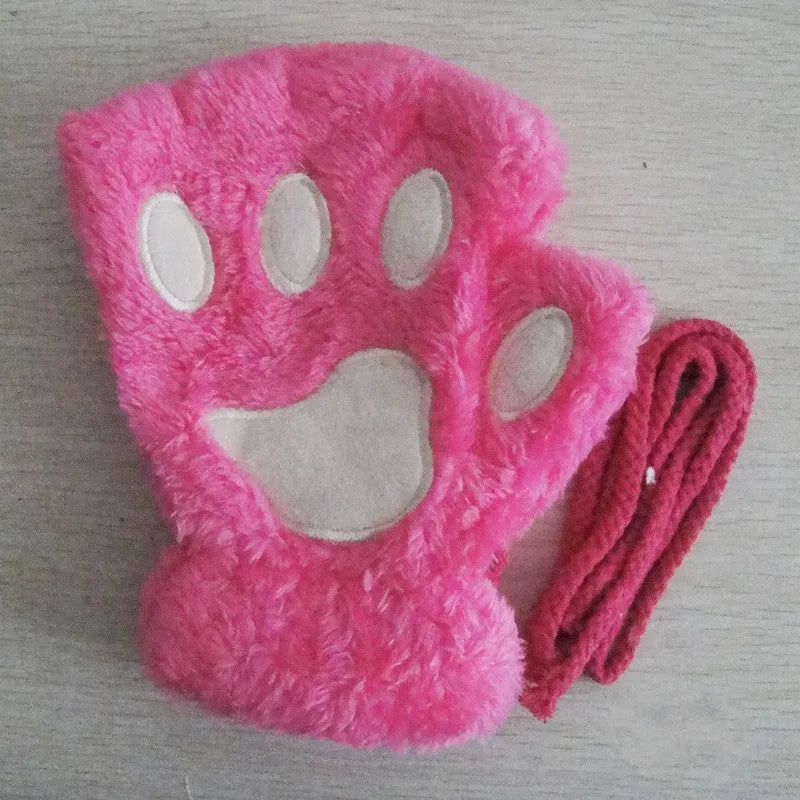 Women's Plush Cat Paw Fingerless Gloves