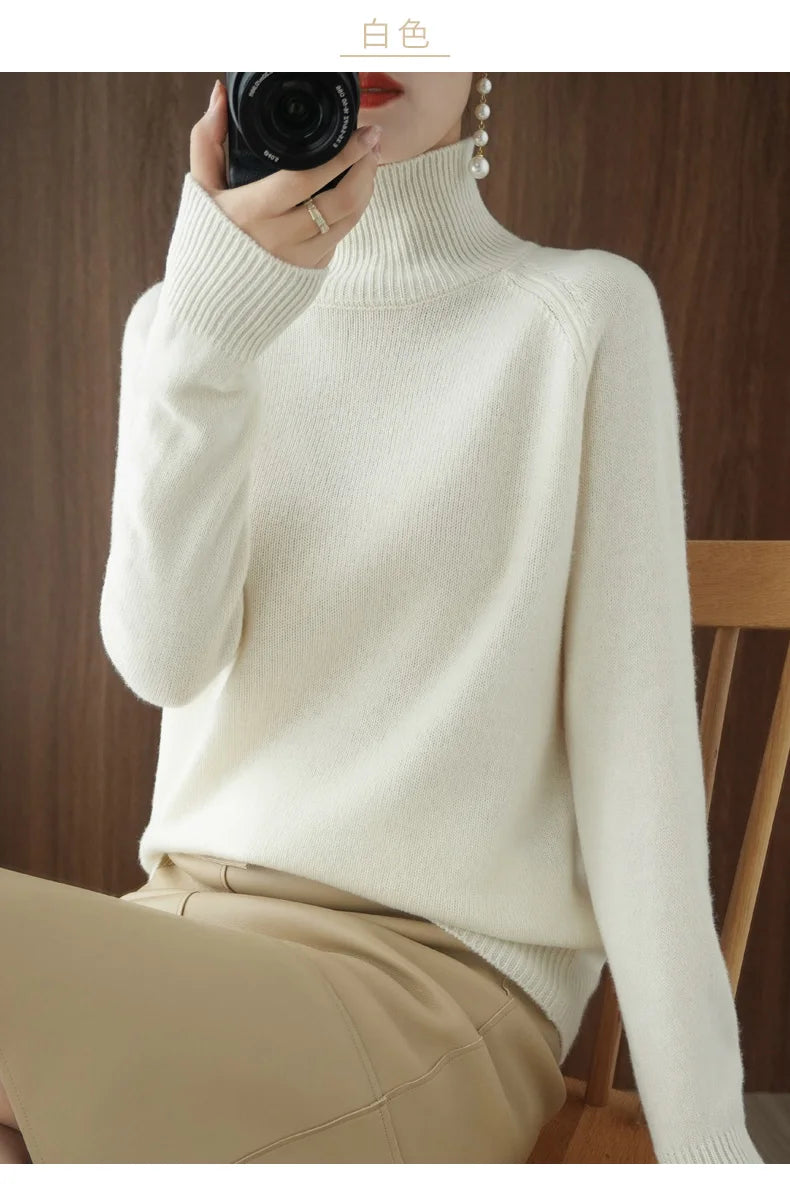 Fashion Basic Autumn Winter Merino Wool Sweater Mock Neck Cashmere Pullover Solid Color Soft Long Sleeve Basic Clothing Tops