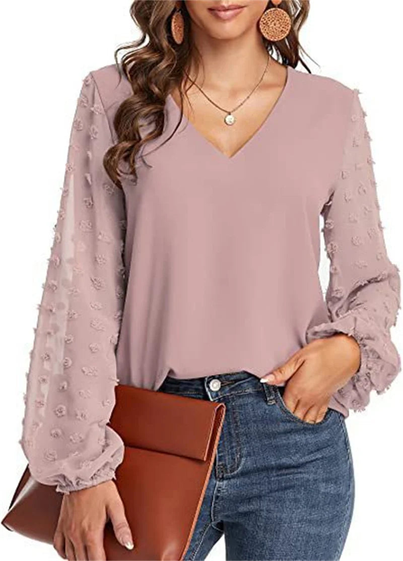 Elegant Chiffon Splicing Bubble Sleeve Blouse Female British Style Comfortable Commuter Shirt Women's V Neck Pullover Loose Tops