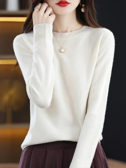 Suéter de moda 100 % lana merina, elegante jersey de cachemira para mujer, prenda básica de punto con cuello redondo y manga larga, top tipo jersey
