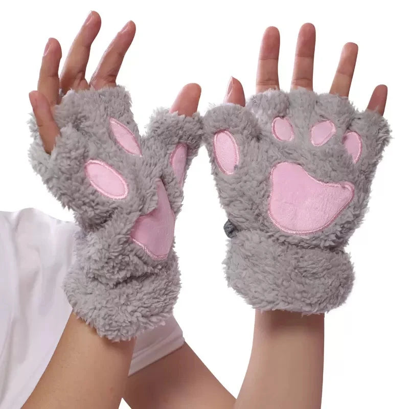 Women's Plush Cat Paw Fingerless Gloves