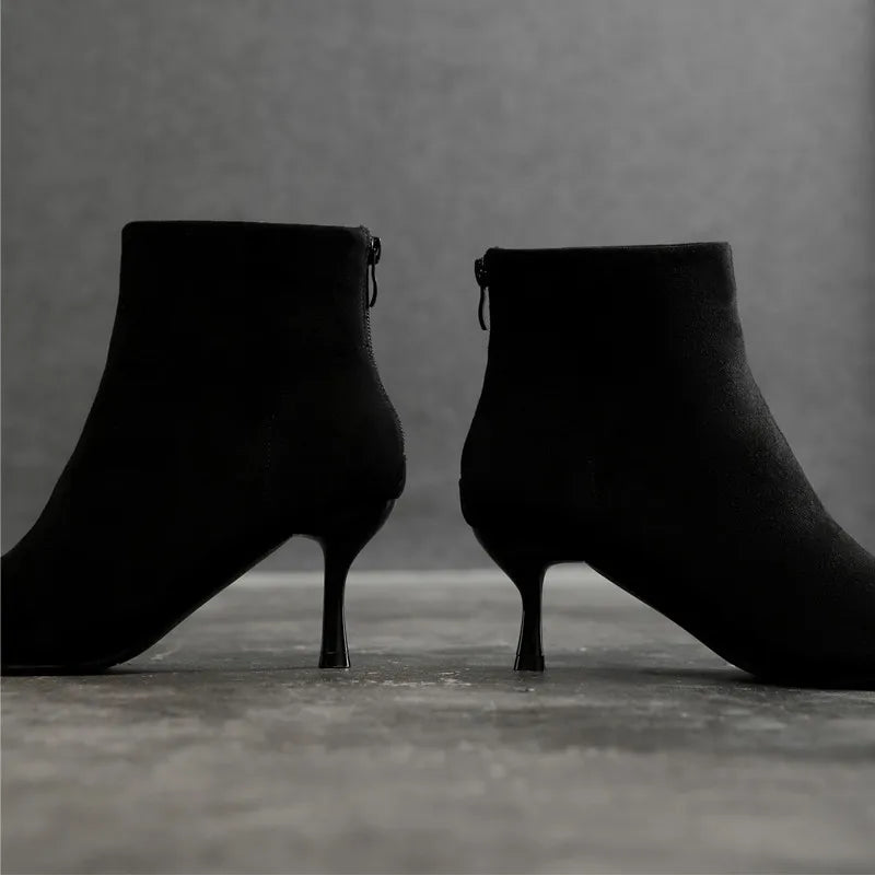 Suede Pointy Toe Ankle Boots Zipper Thin Heels Size 31-43 Winter Short Boots for Women High Heels Big Size High Heels