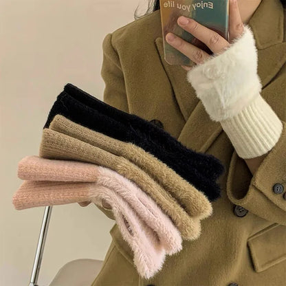 Guantes tejidos de felpa sin dedos para mujer – Calentadores de muñeca suaves