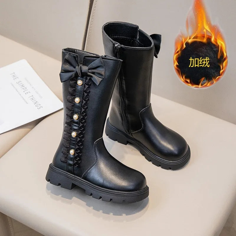 Girls' Waterproof Knee-High Boots with Bow & Lace