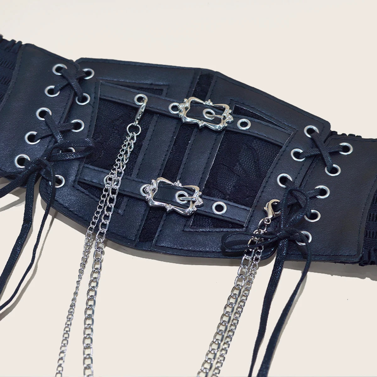 Lace-Up Corset Belt with Chain – Wide Faux Leather Waist Belt