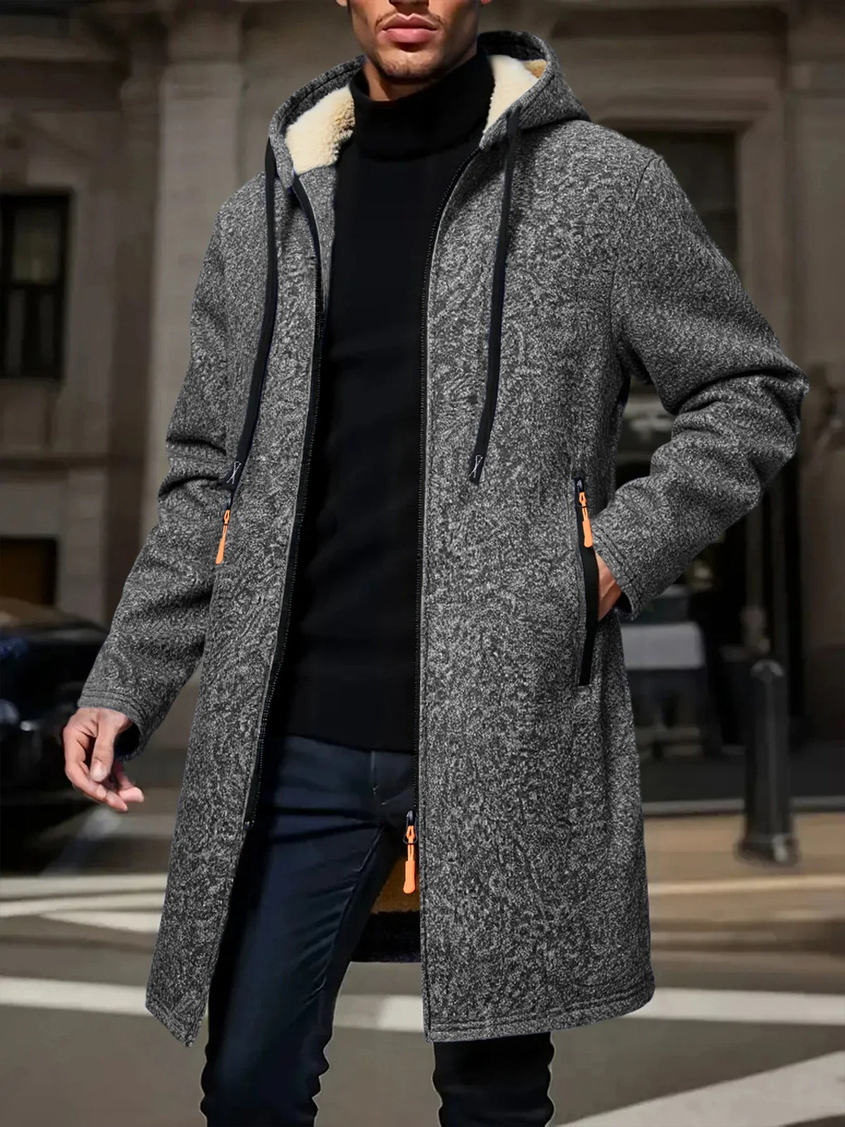 Men's Winter Warm Long Coat Zipper Jacket Zip Windbreaker Thick Fleece Windproof Overcoat Casual Contrast Color Hooded Jacket