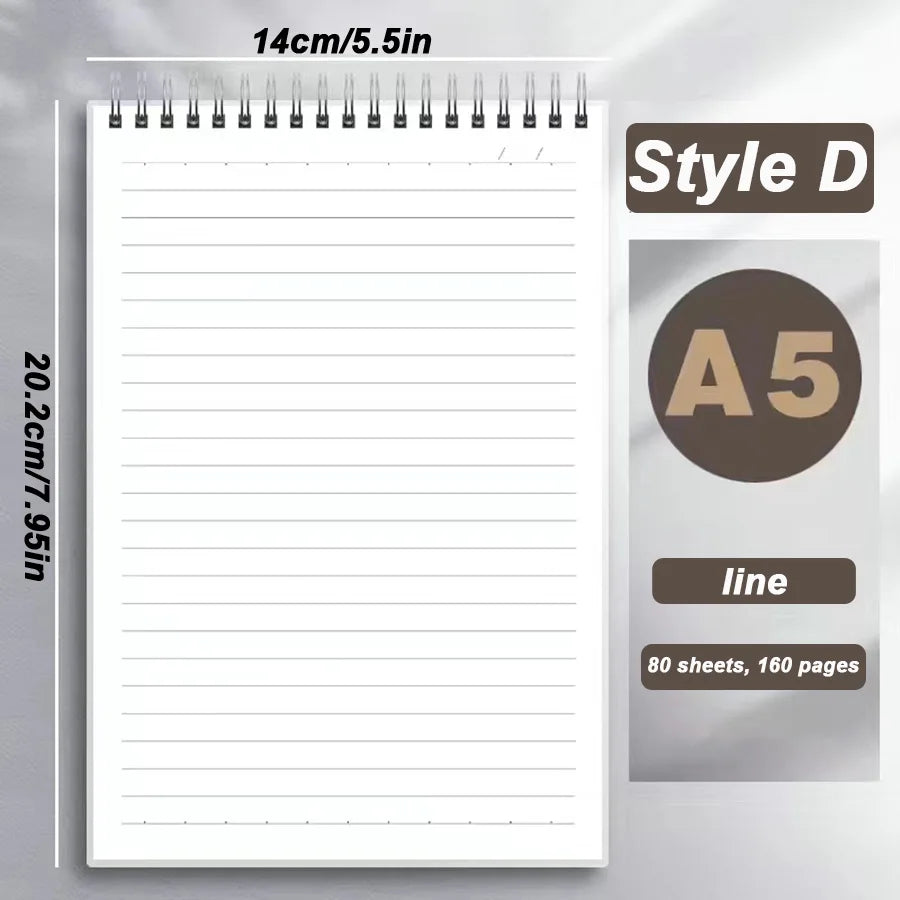 A5 Up Coil Notebook Line Grid Blank Dot Inner 80 Sheets 160 Pages Spiral Notebook with PP Cover Student Note Pad Book