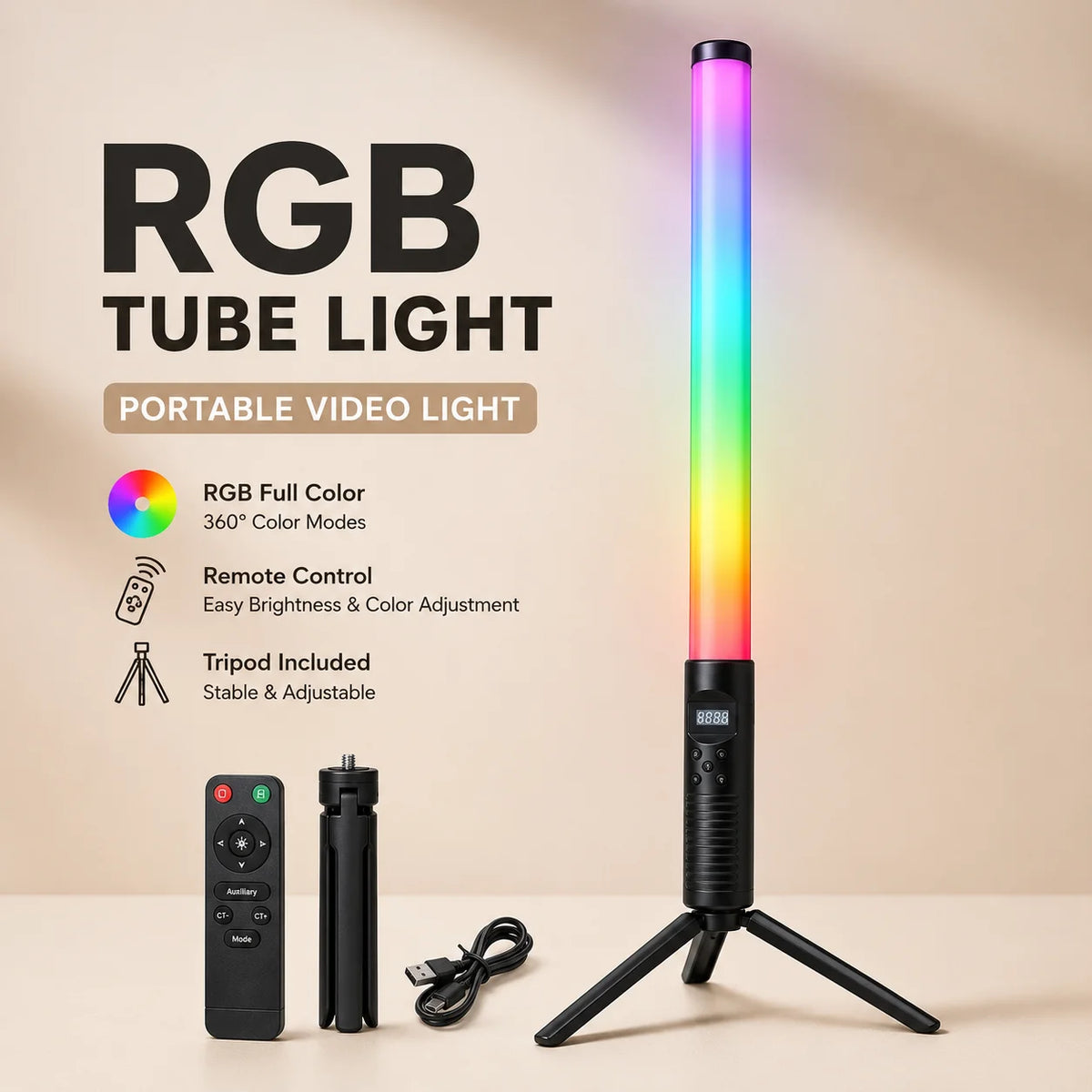 عصا إضاءة الفيديو المحمولة RGB – مصباح LED قابل لإعادة الشحن مع حامل ثلاثي اختياري