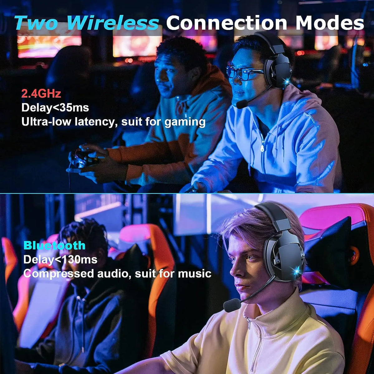 3-Mode Wireless Gaming Headset – 2.4G, Bluetooth & 3.5mm with Detachable Noise-Cancelling Mic