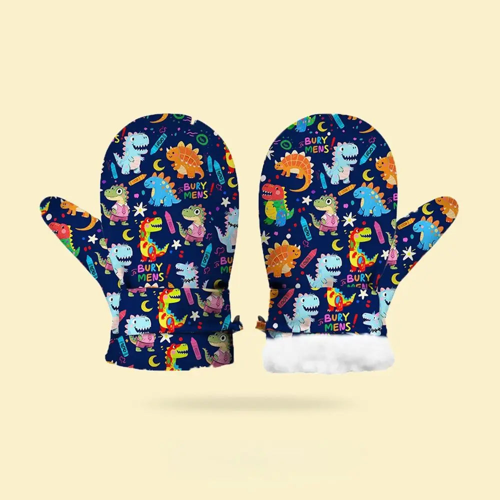 Kids' Printed Fleece-Lined Snow Mittens with Anti-Lost Clip